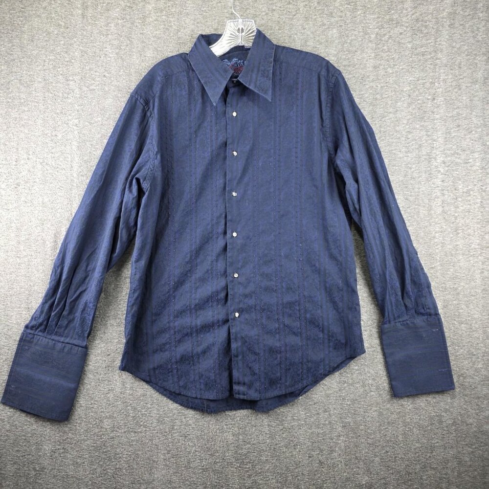 Robert Graham Shirt Mens Large Blue Jacquard Stripe French Cuff Long Sleeve